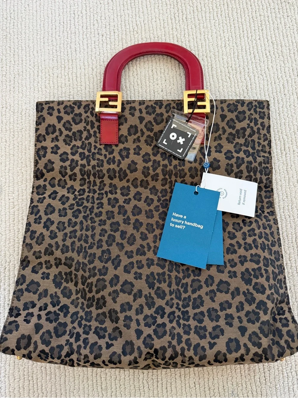 Fendi Leopard Print Tote with Red Leather Handles